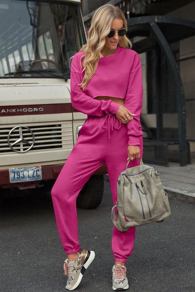 Hot Pink Long Sleeve Cropped Top and Pants Set