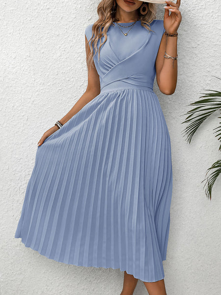 Light Blue Pleated Cap Sleeve Dress