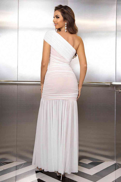 White One-Shoulder Ruched Maxi Dress