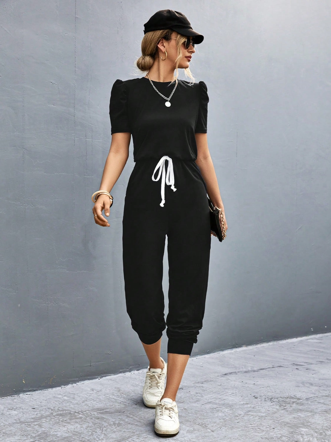 Round Neck Short Sleeve Drawstring Jumpsuit