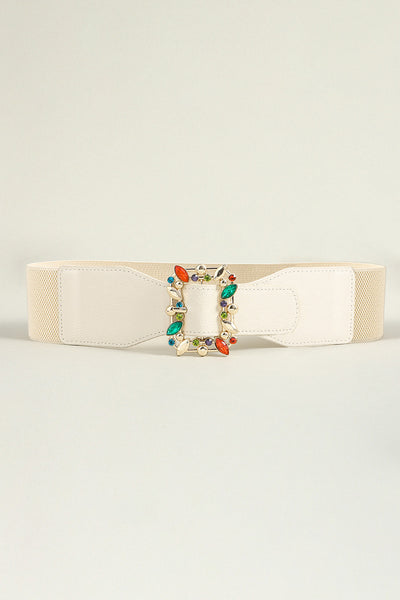 Ivory Multicolored Gem Buckle Elastic Belt