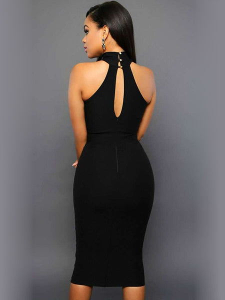 Black Grecian Neck Midi Dress