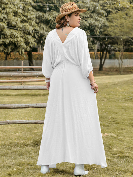 White Swiss Dot Three-Quarter Sleeve Maxi Dress+