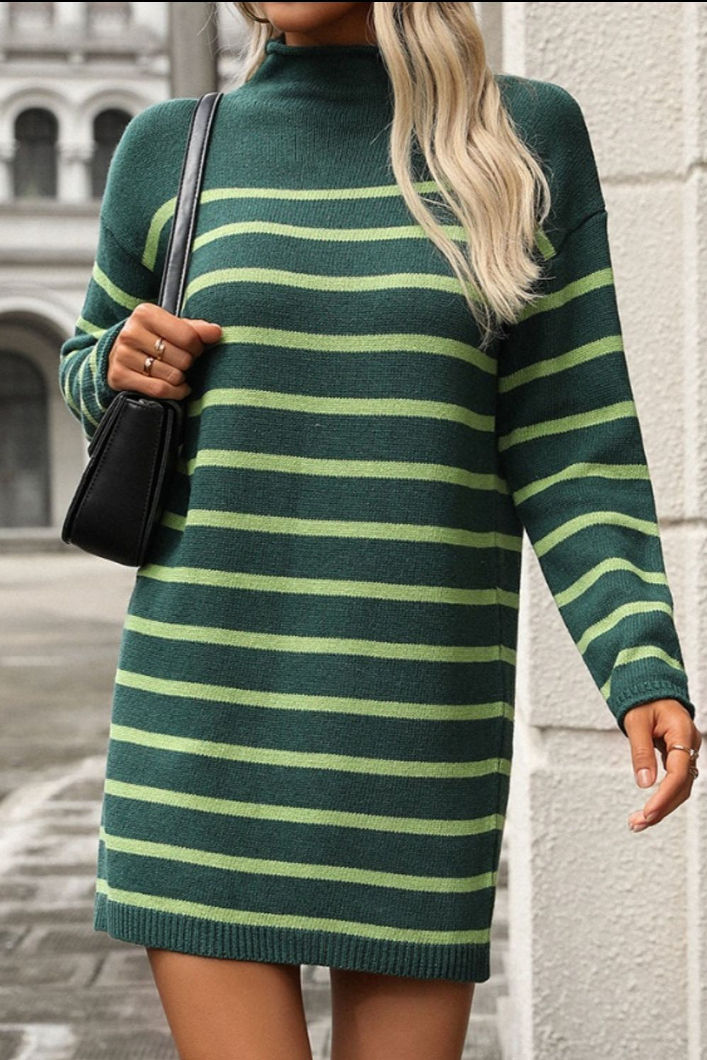 Striped Mock Neck Long Sleeve Mini Dress