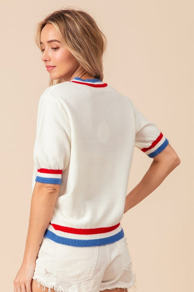 USA Collection Striped Heart Short Sleeve Sweater