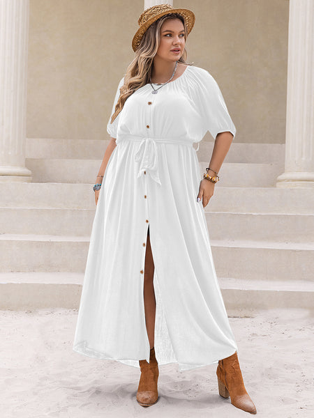 Button Down Round Neck Maxi Dress+