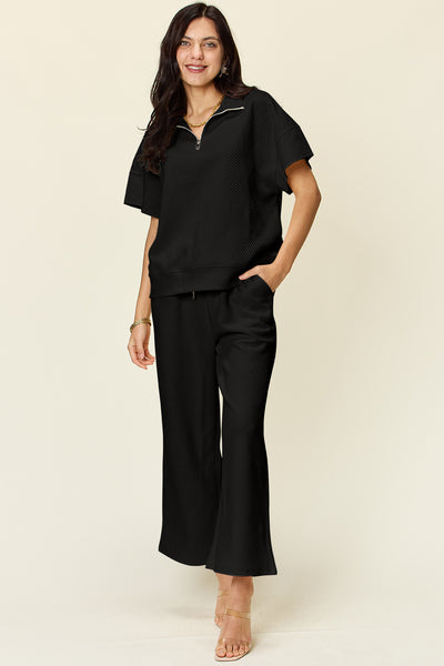 Two-Piece Textured Half Zip Top and Pants Set+