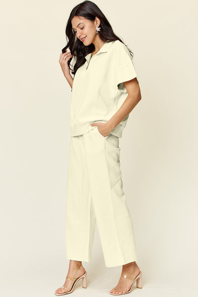 Two-Piece Textured Half Zip Top and Pants Set+