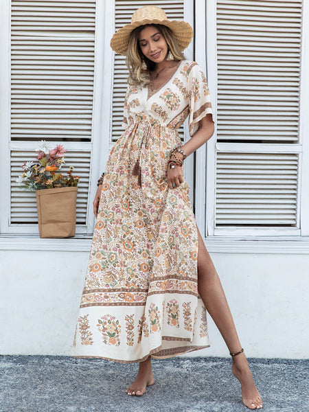 Floral Drawstring Half Sleeve Long Dress