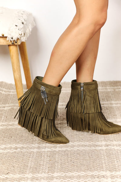 Olive Tassel Wedge Heel Ankle Booties