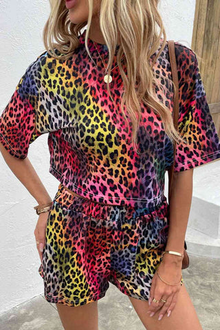 Bright Leopard Half Sleeve Top and Shorts Set