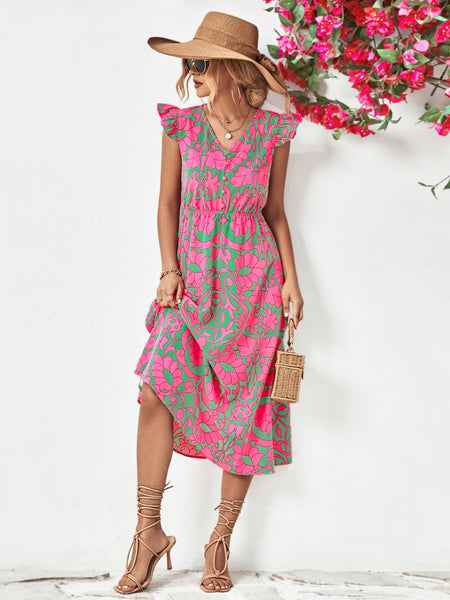 Pink & Green Printed Cap Sleeve Dress