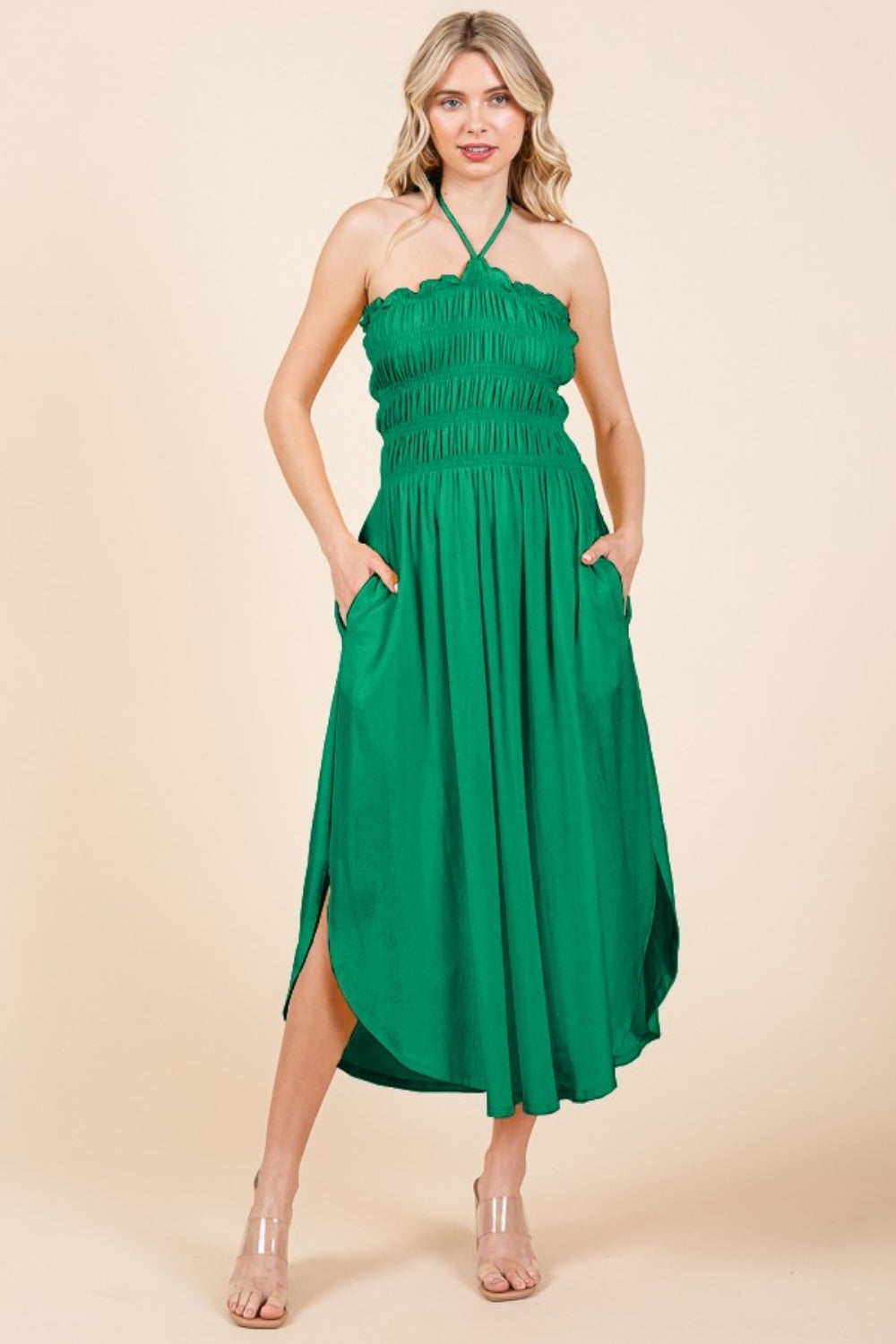 Green Tie Back Shirring Dress with Pockets