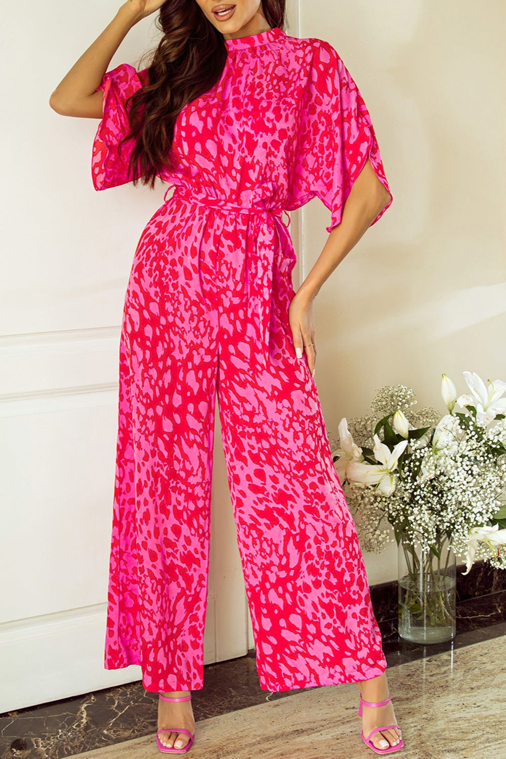 Hot Pink Mock Neck Kimono Sleeve Jumpsuit