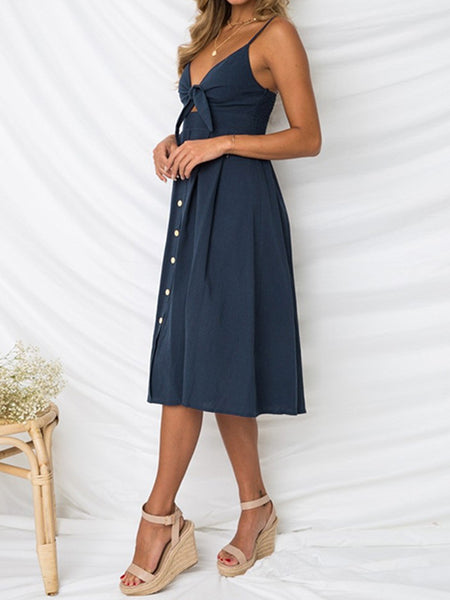 Bow and Buttons Smocked Midi Dress