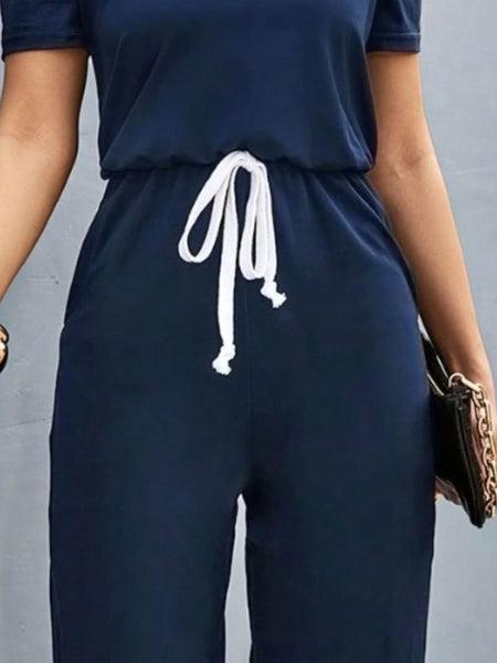 Round Neck Short Sleeve Drawstring Jumpsuit