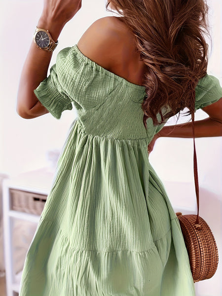 Ruffled Off-Shoulder Short Sleeve Dress+