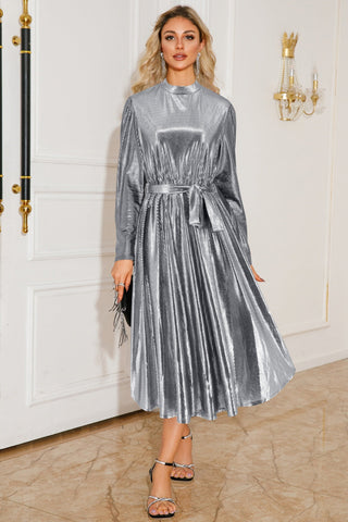 Metallic Tie Waist Long Sleeve Midi Dress