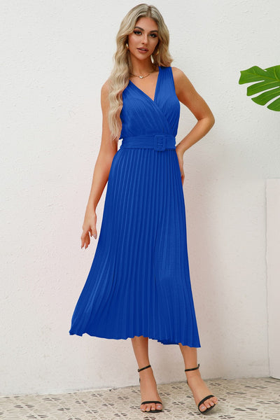 Pleated Surplice Belted Midi Dress