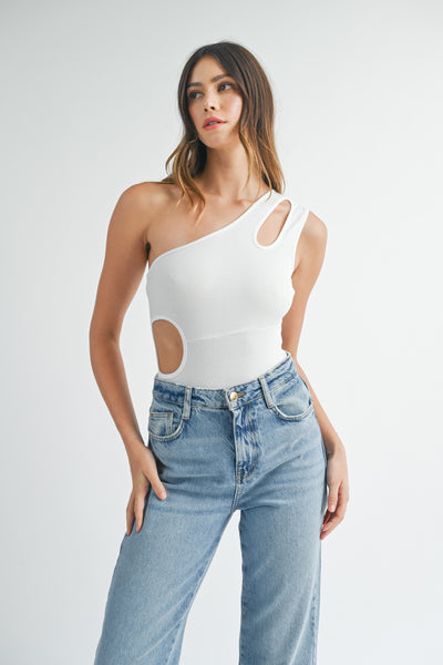 One Shoulder Ribbed Cutout Bodysuit