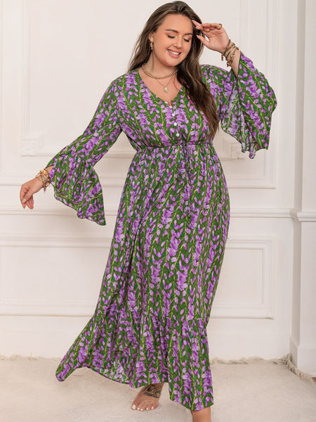 Floral V-Neck Long Sleeve Maxi Dress+