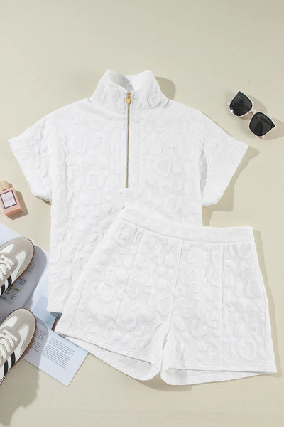 White Half Zip Short Sleeve Top and Shorts Set