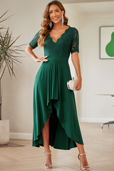 V-Neck Lace Half Sleeve High-Low Dress