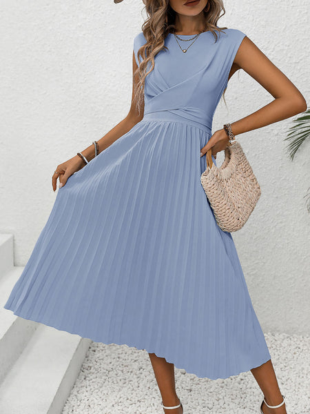 Light Blue Pleated Cap Sleeve Dress