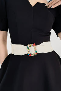 Ivory Multicolored Gem Buckle Elastic Belt