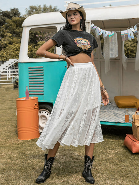 White Lace Embroidered Midi Skirt