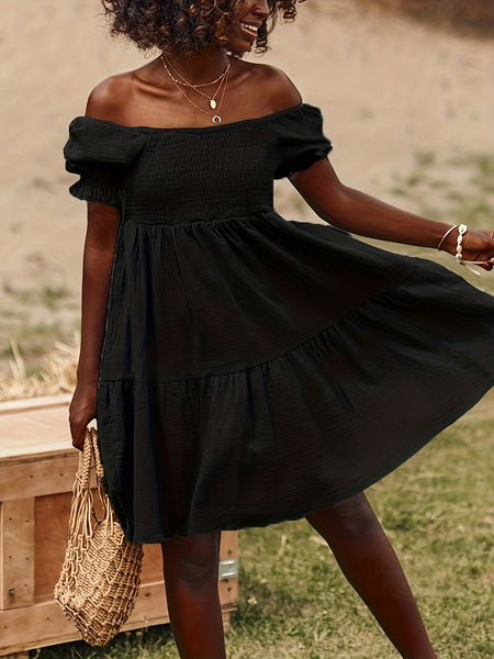 Ruffled Off-Shoulder Short Sleeve Dress+