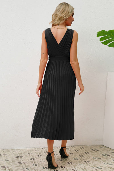 Pleated Surplice Belted Midi Dress