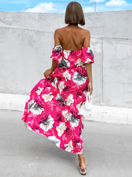 Pleated Floral Off-Shoulder Midi Dress