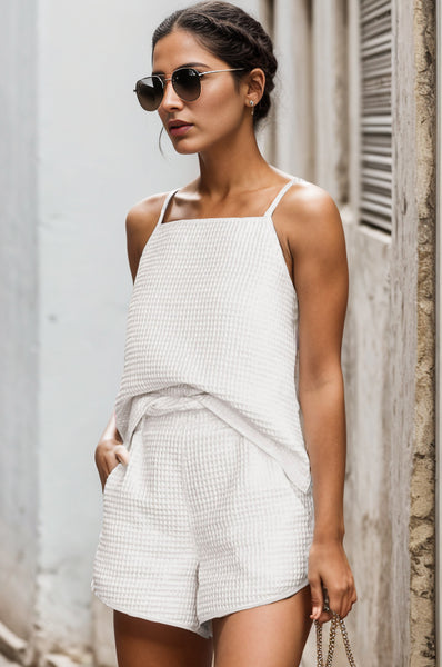 White Waffle Knit Cami and Shorts Set