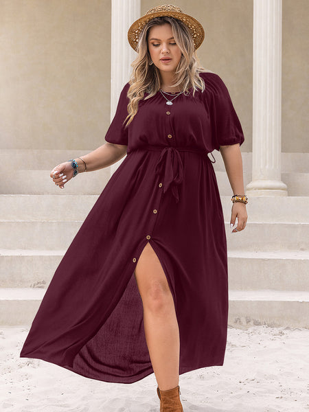 Button Down Round Neck Maxi Dress+