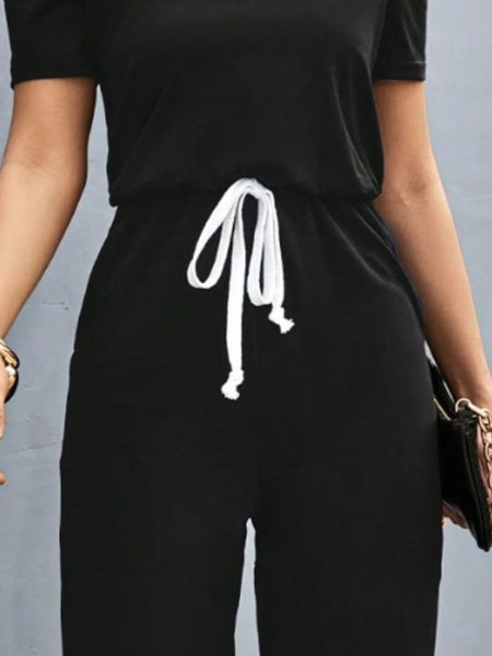 Round Neck Short Sleeve Drawstring Jumpsuit