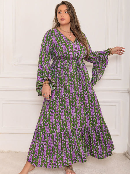 Floral V-Neck Long Sleeve Maxi Dress+