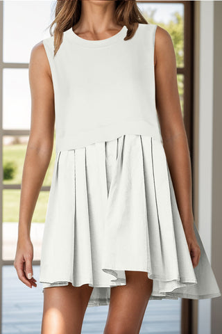 Pleated Round Neck Sleeveless Mini Dress