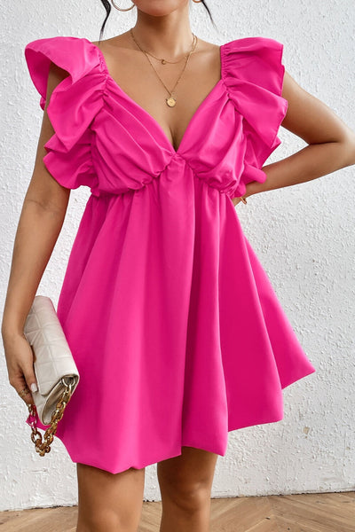 Ruffled V-Neck Cap Sleeve Mini Dress