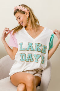 LAKE DAYS Letter Patch V-Neck T-Shirt