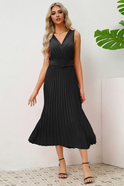 Pleated Surplice Belted Midi Dress