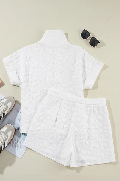 White Half Zip Short Sleeve Top and Shorts Set