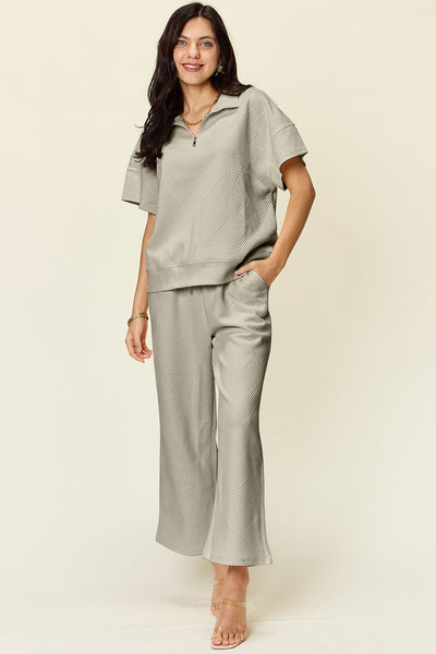 Two-Piece Textured Half Zip Top and Pants Set+