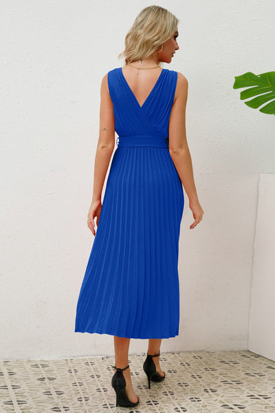 Pleated Surplice Belted Midi Dress