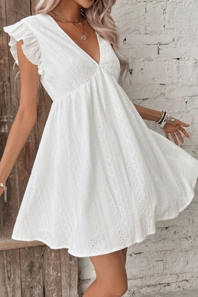 White Eyelet Ruffled Cap Sleeve Dress