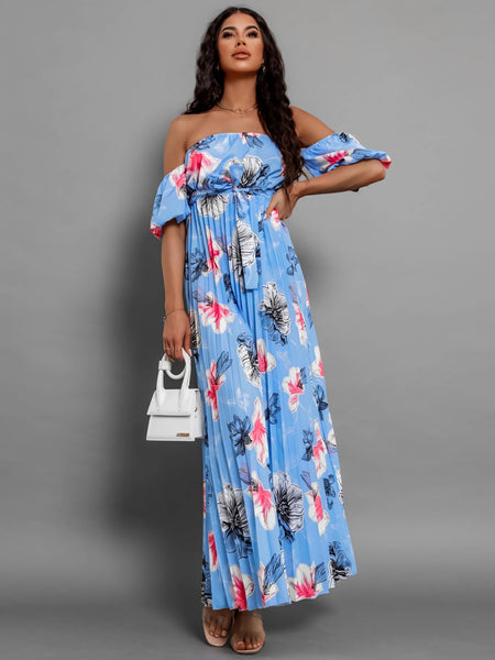 Pleated Floral Off-Shoulder Midi Dress