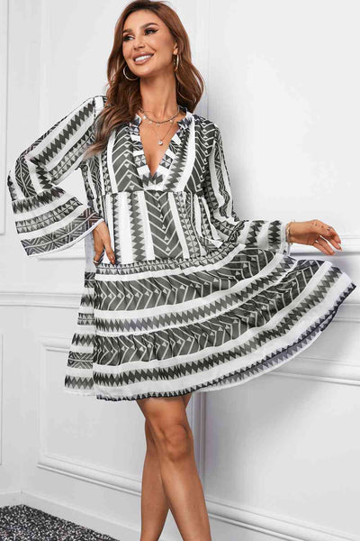 Abstract Notched Neck Tiered Dress