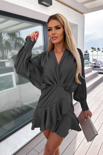 Satin Long Sleeve Lantern Sleeve Mini Dress