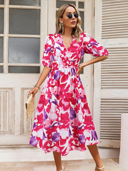 Floral Short Sleeve Midi Dress