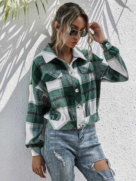 Dark Green Plaid Cropped Shirt Jacket